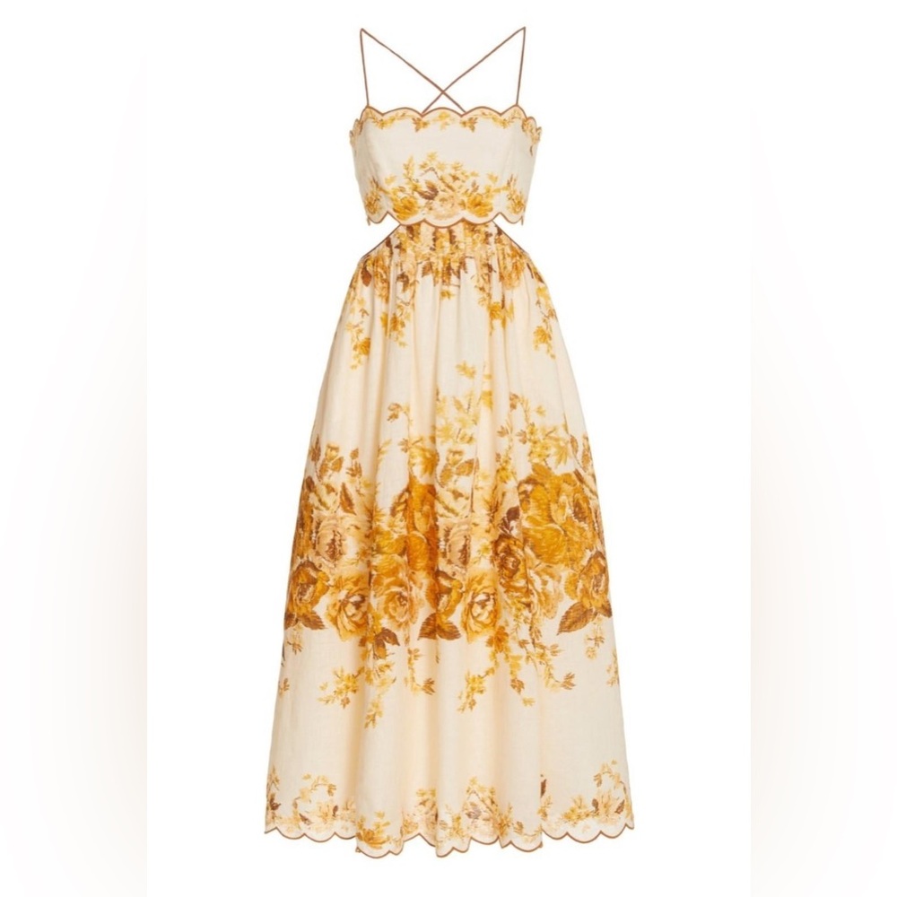 ZIMMERMANN ALIANE SCALLOP MIDI DRESS AMBER FLORAL SIZE 2 US 6-8 - Picture 2 of 16